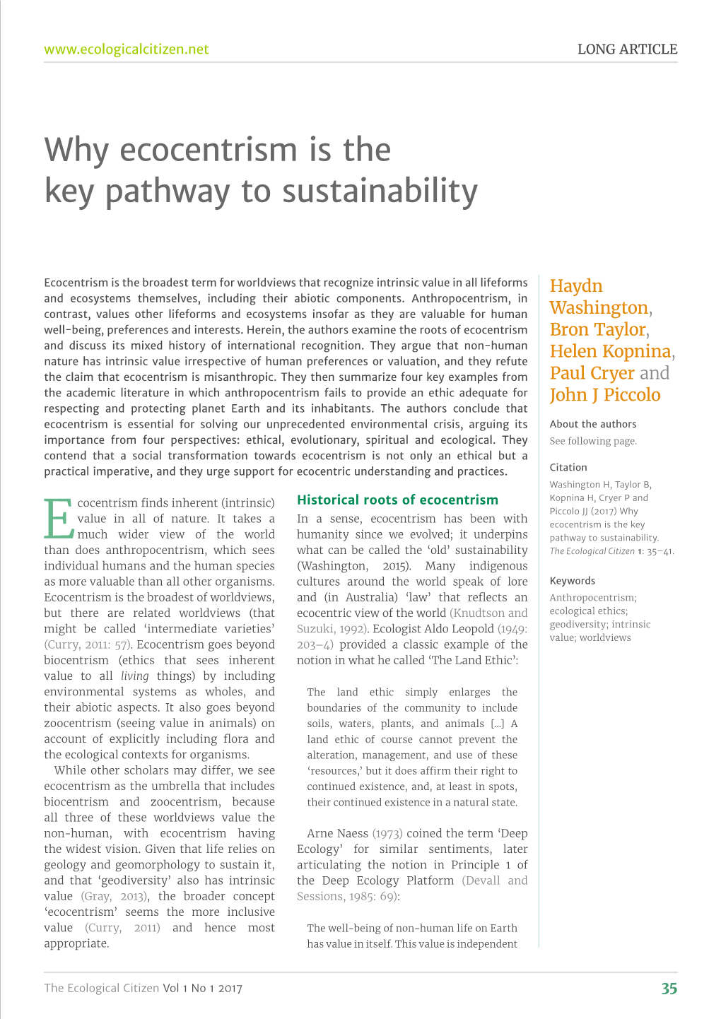 Why Ecocentrism Is the Key Pathway to Sustainability