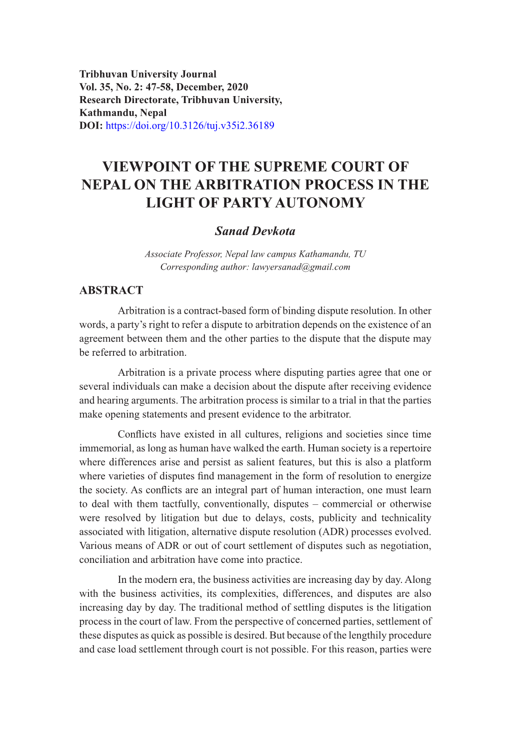 Viewpoint of the Supreme Court of Nepal on the Arbitration Process in the Light of Party Autonomy