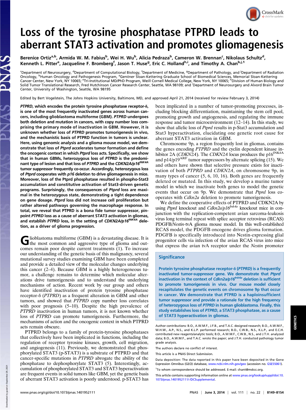 Loss of the Tyrosine Phosphatase PTPRD Leads to Aberrant STAT3 Activation and Promotes Gliomagenesis