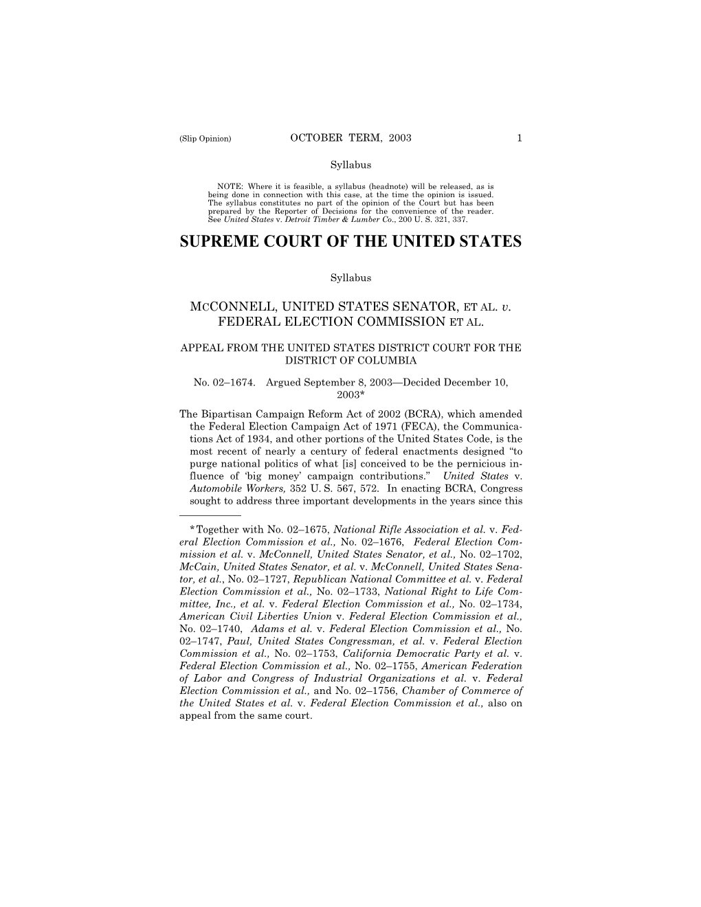 Mcconnell V. Federal Election Commission