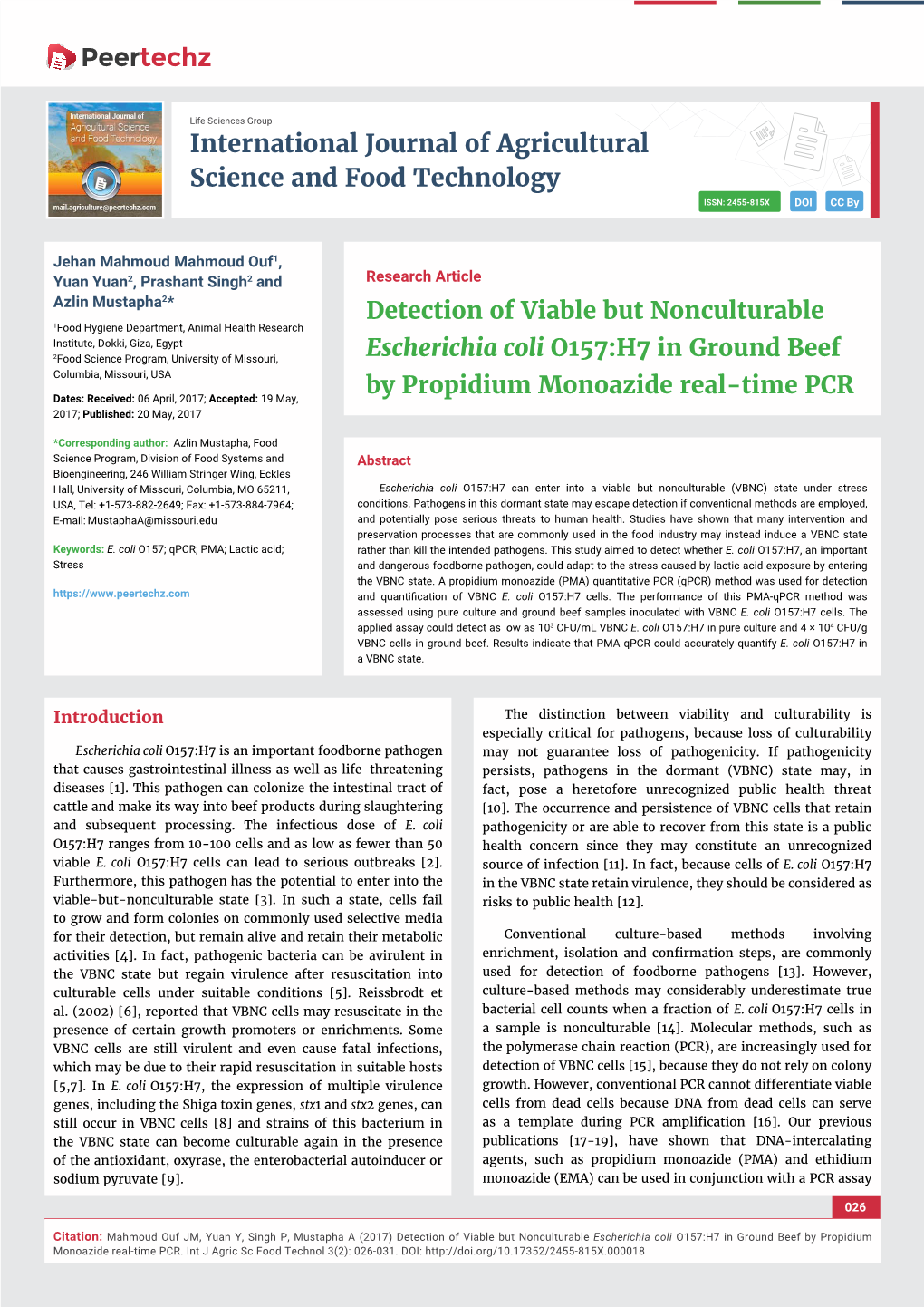 Detection of Viable but Nonculturable Escherichia Coli O157:H7 in Ground Beef by Propidium Monoazide Real-Time PCR