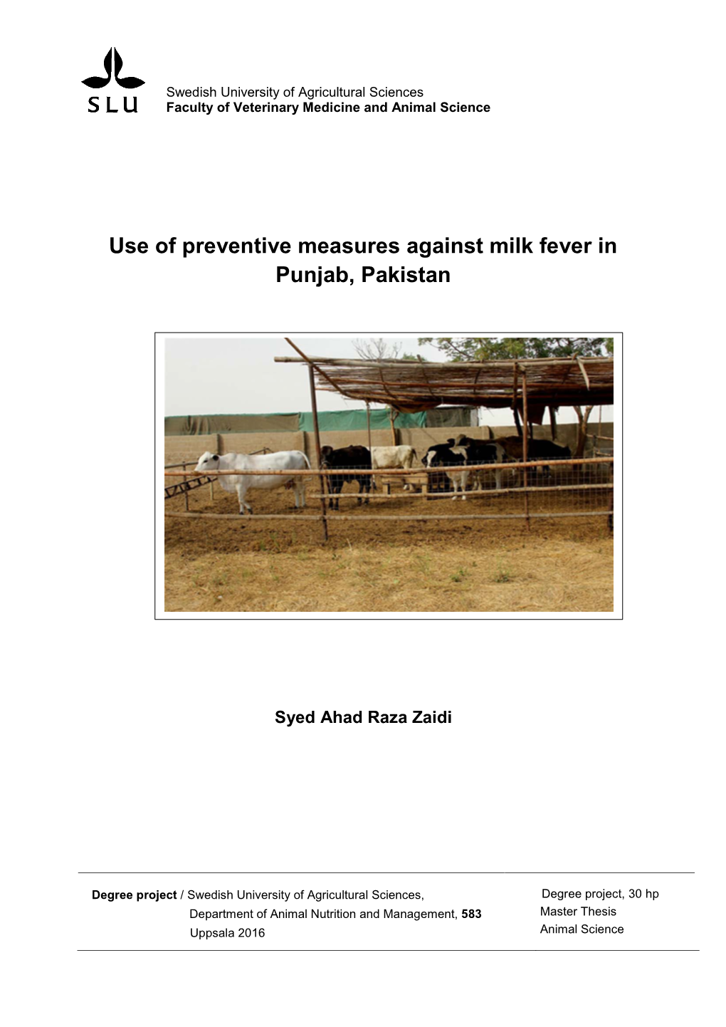 Use of Preventive Measures Against Milk Fever in Punjab, Pakistan