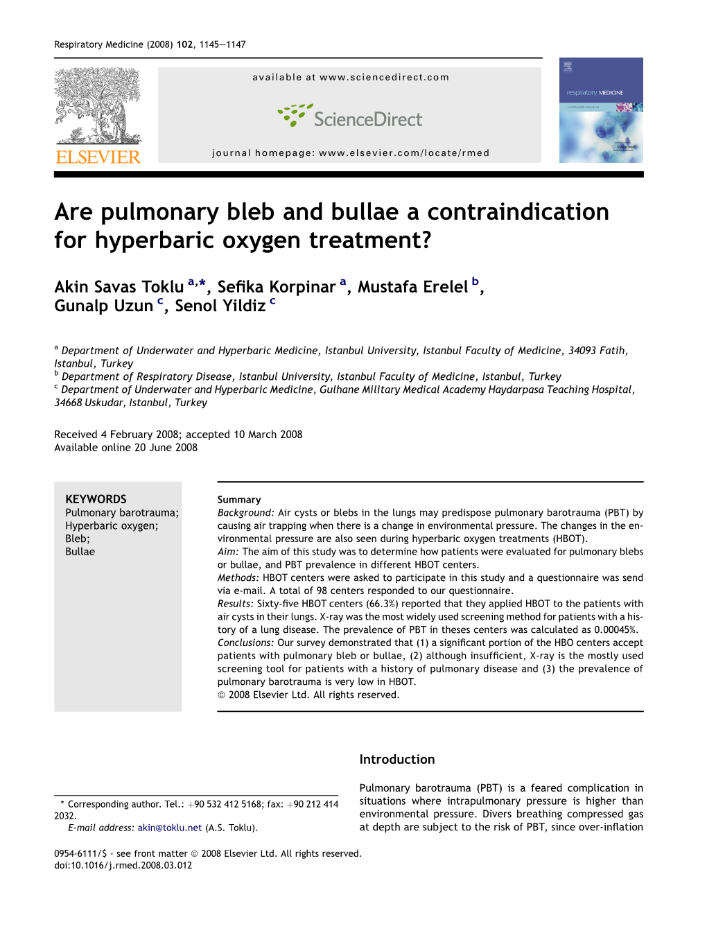 Are Pulmonary Bleb and Bullae a Contraindication for Hyperbaric Oxygen Treatment?