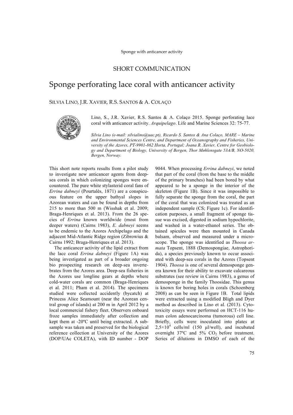 Sponge Perforating Lace Coral with Anticancer Activity