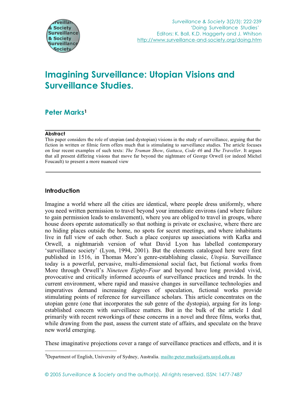 Imagining Surveillance: Utopian Visions and Surveillance Studies