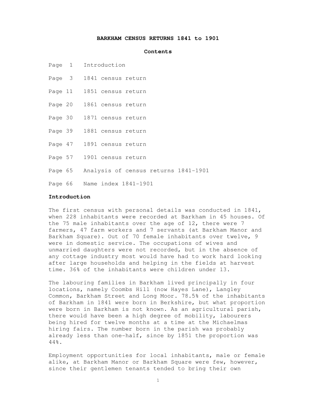 BARKHAM CENSUS RETURNS 1841 to 1901 Contents Page 1