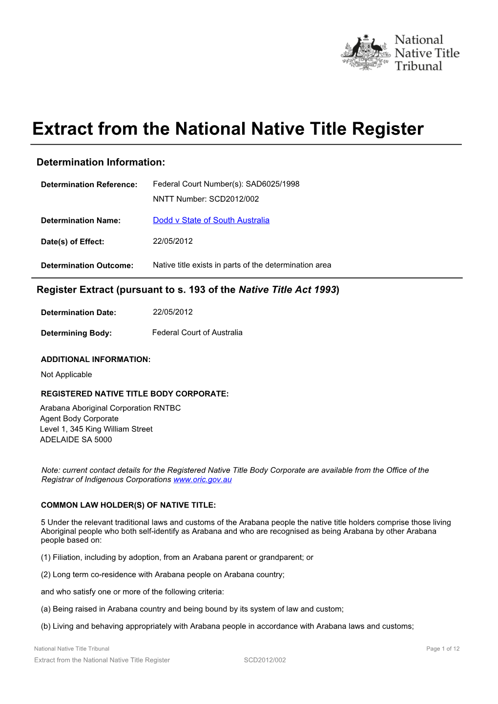 Extract from the National Native Title Register