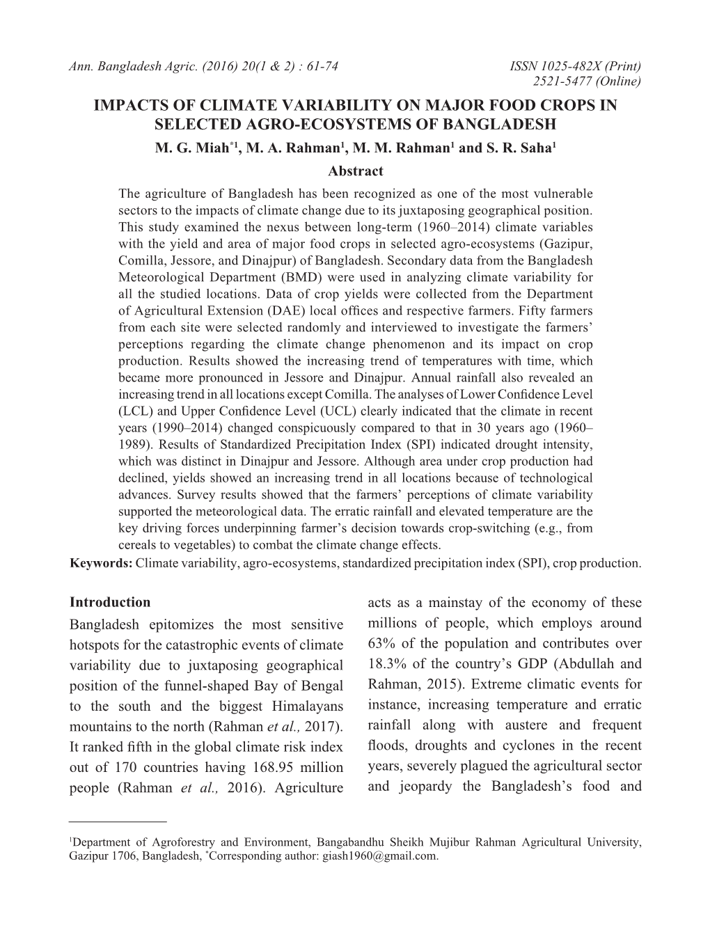 Impacts of Climate Variability on Major Food Crops in Selected Agro-Ecosystems of Bangladesh M