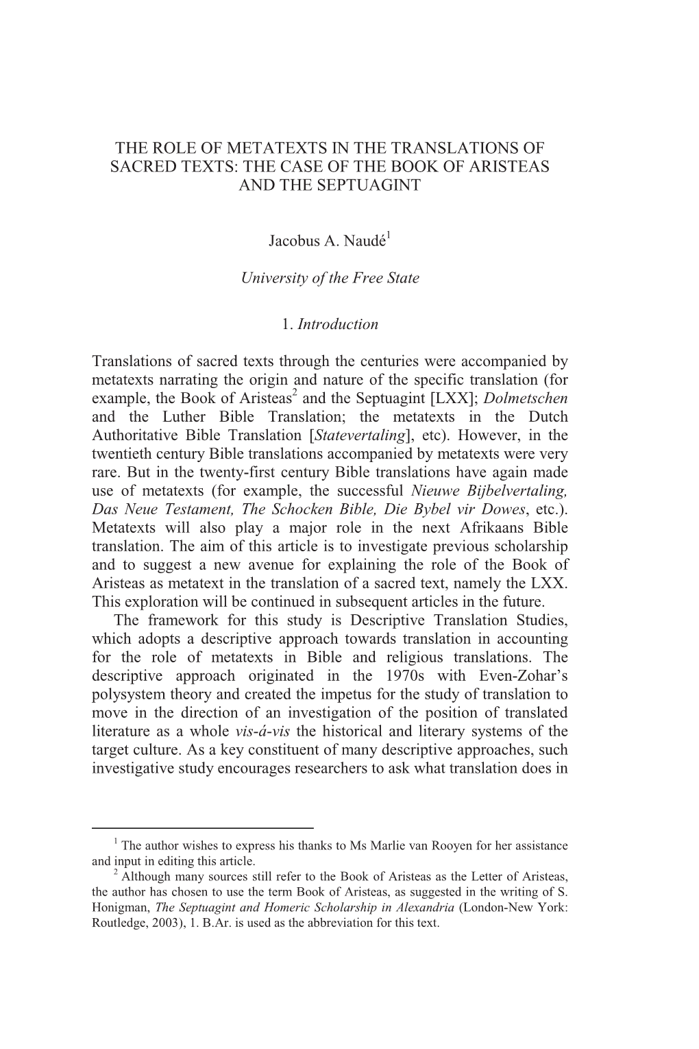 The Role of Metatexts in the Translations of Sacred Texts: the Case of the Book of Aristeas and the Septuagint
