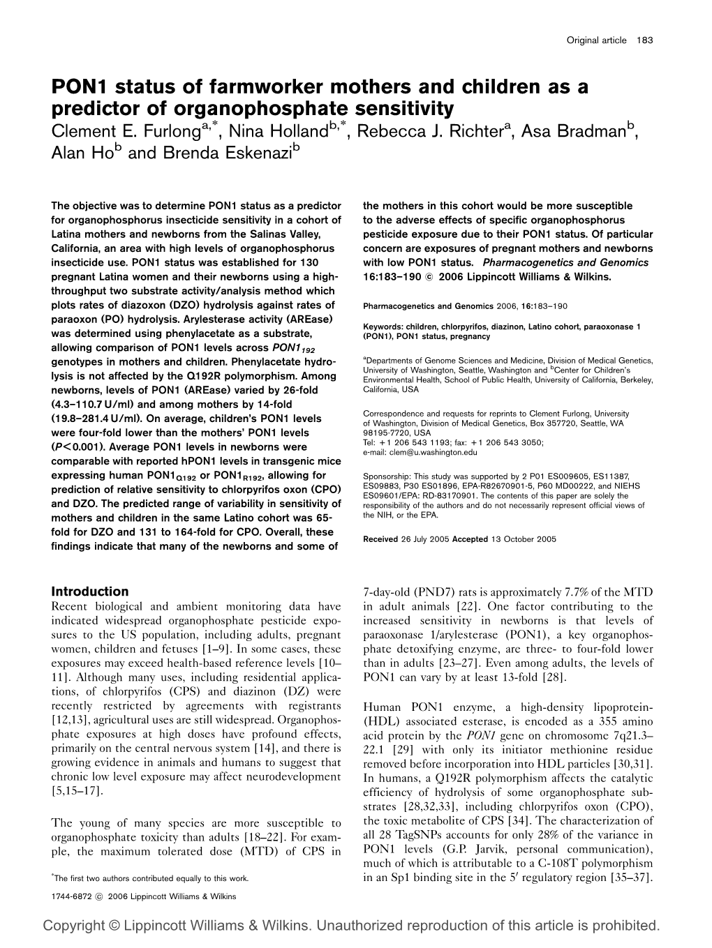 PON1 Status of Farmworker Mothers and Children As a Predictor of Organophosphate Sensitivity Clement E