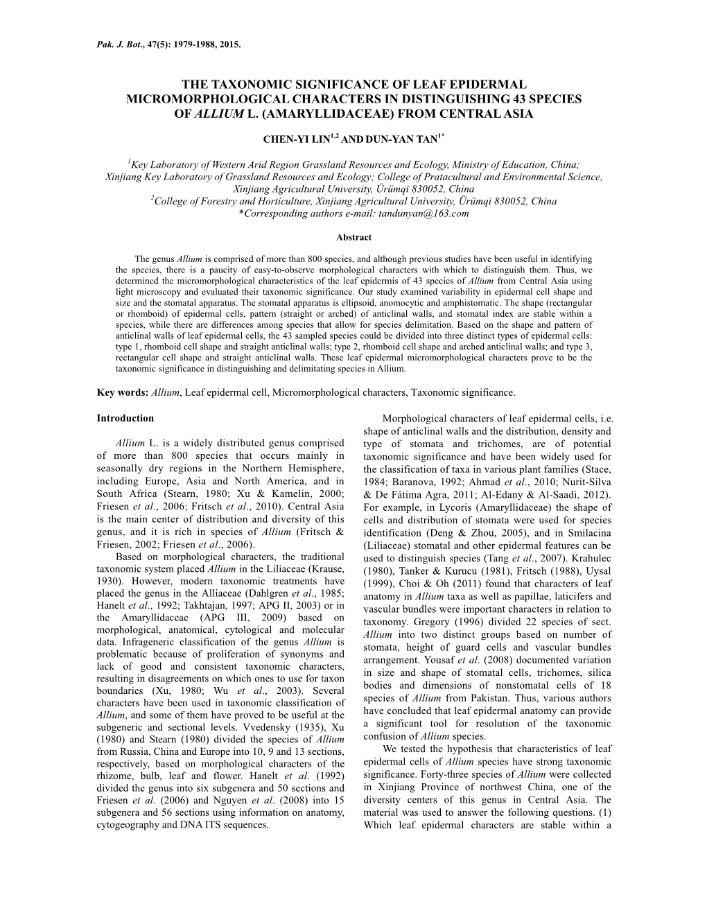 The Taxonomic Significance of Leaf Epidermal Micromorphological Characters in Distinguishing 43 Species of Allium L