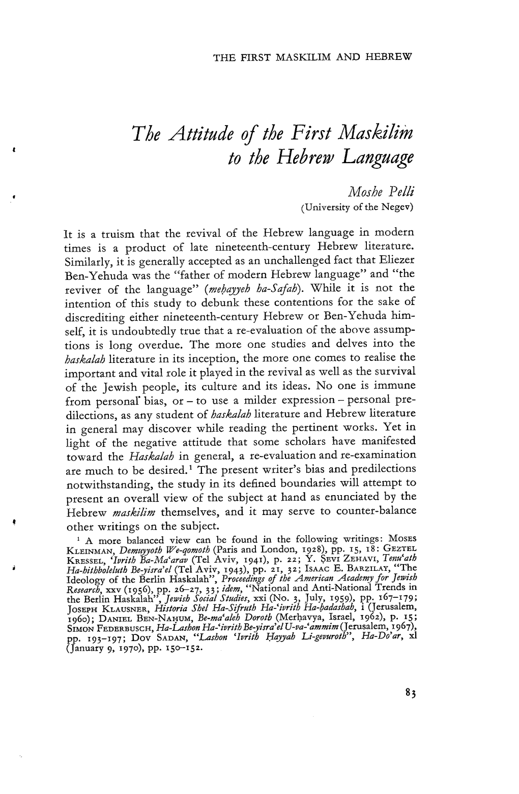 The Attitude of the First Maskiliin to the Hebrew Language