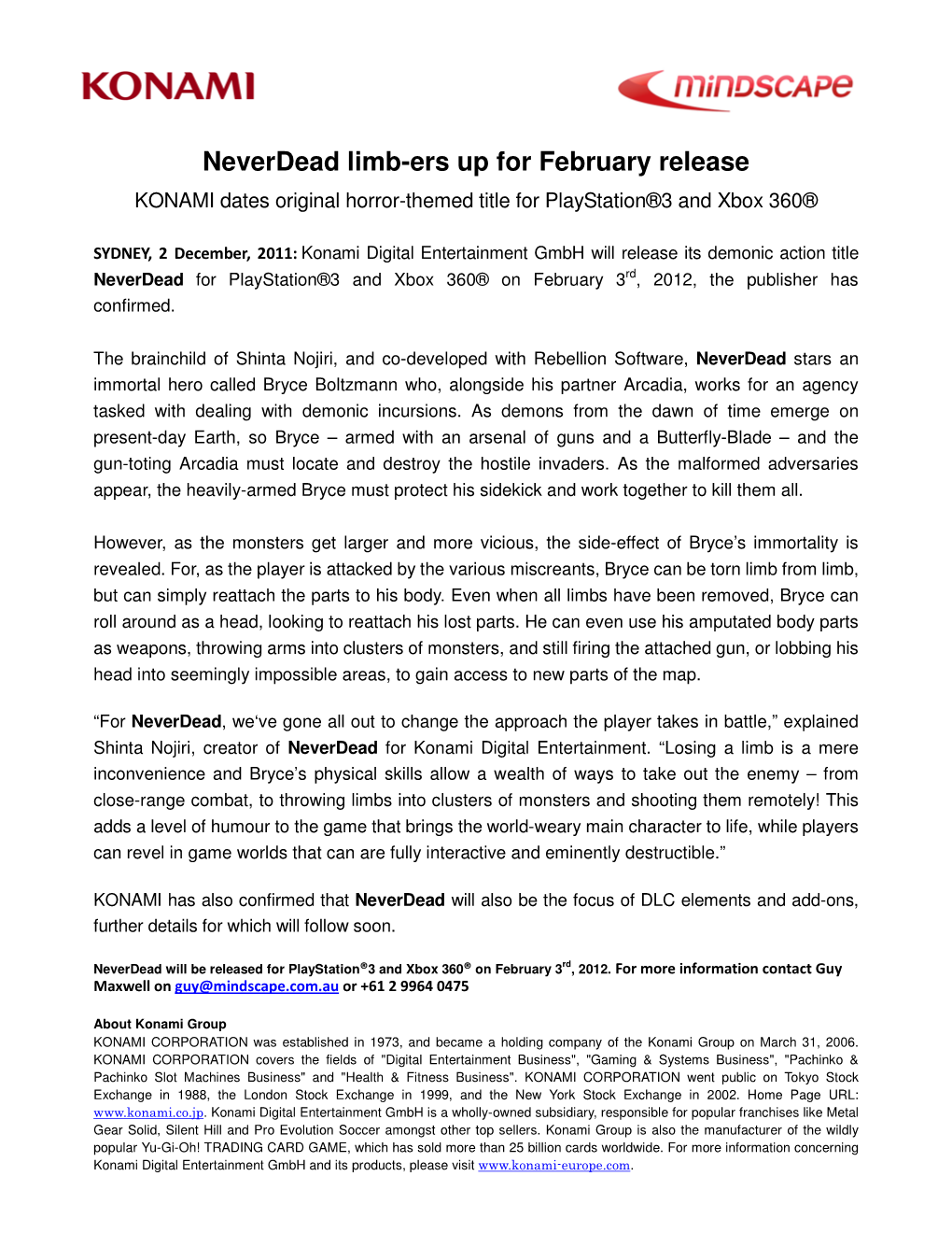 Neverdead Limb-Ers up for February Release KONAMI Dates Original Horror-Themed Title for Playstation®3 and Xbox 360®