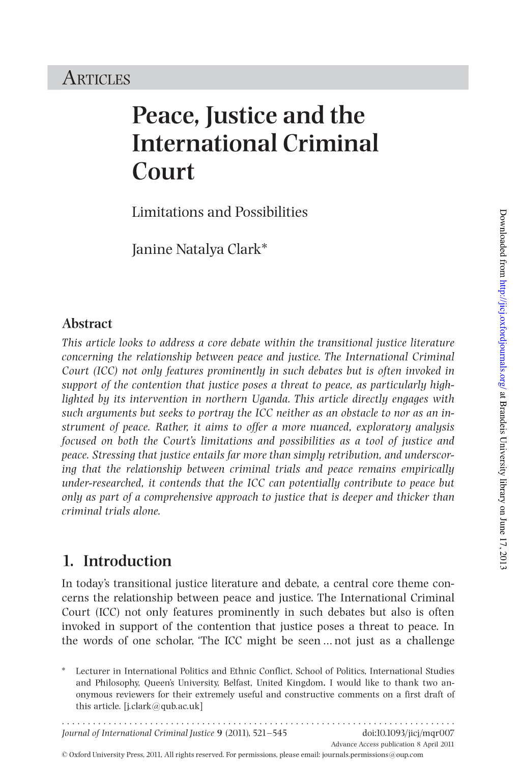 Peace, Justice and the International Criminal Court