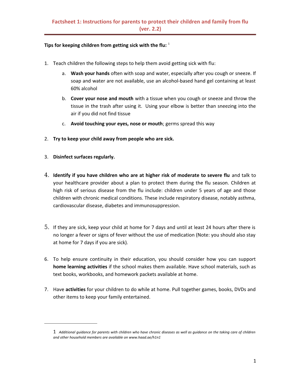 Factsheet 1: Instructions for Parents to Protect Their Children and Family from Flu (Ver. 2.2)