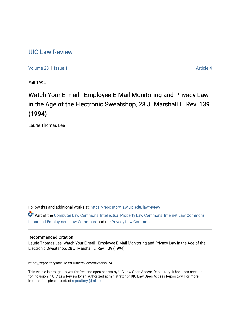 Employee E-Mail Monitoring and Privacy Law in the Age of the Electronic Sweatshop, 28 J