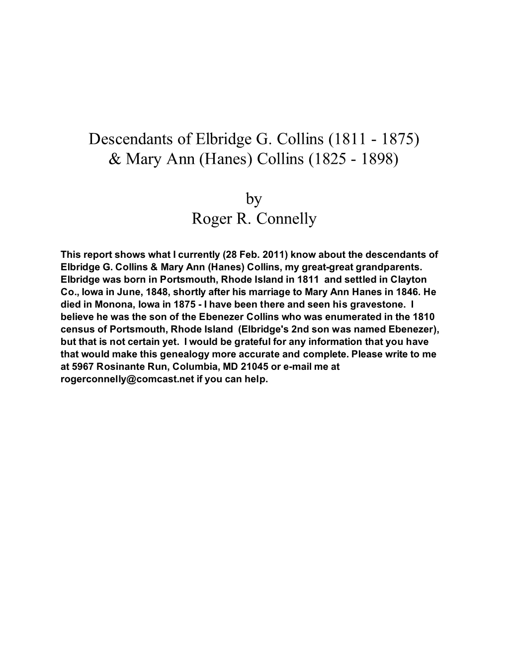 Collins (1811 - 1875) & Mary Ann (Hanes) Collins (1825 - 1898)