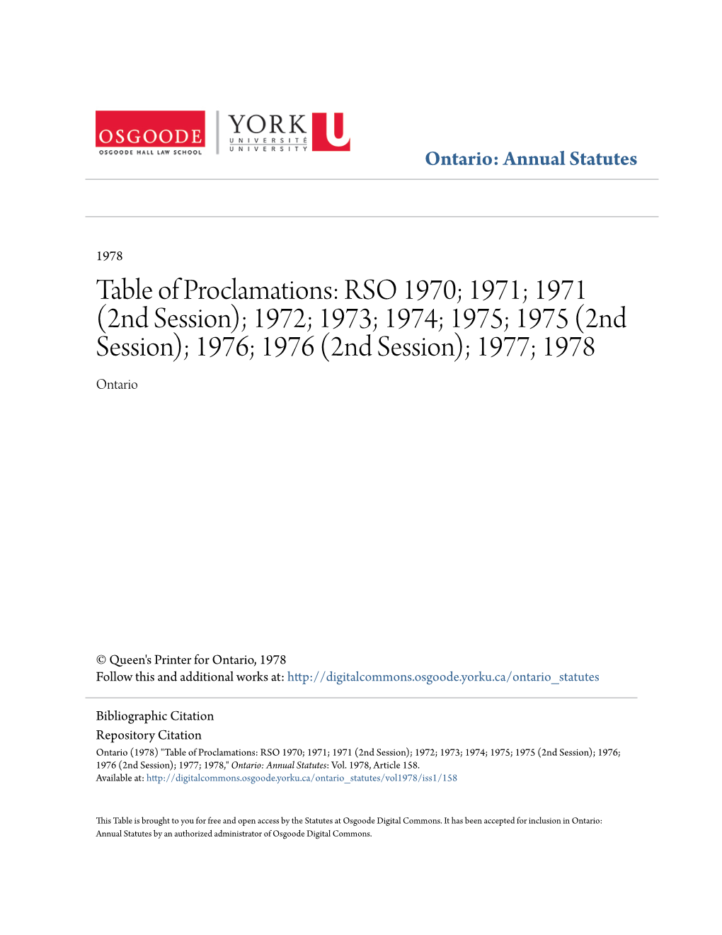 (2Nd Session); 1972; 1973; 1974; 1975; 1975 (2Nd Session); 1976; 1976 (2Nd Session); 1977; 1978 Ontario