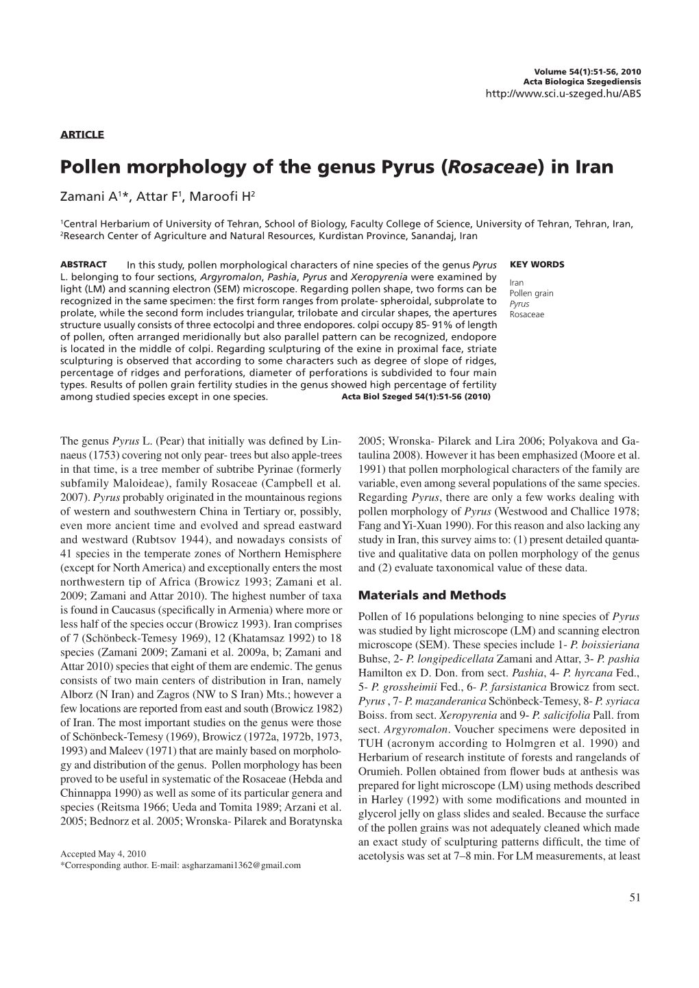 Pollen Morphology of the Genus Pyrus (Rosaceae) in Iran