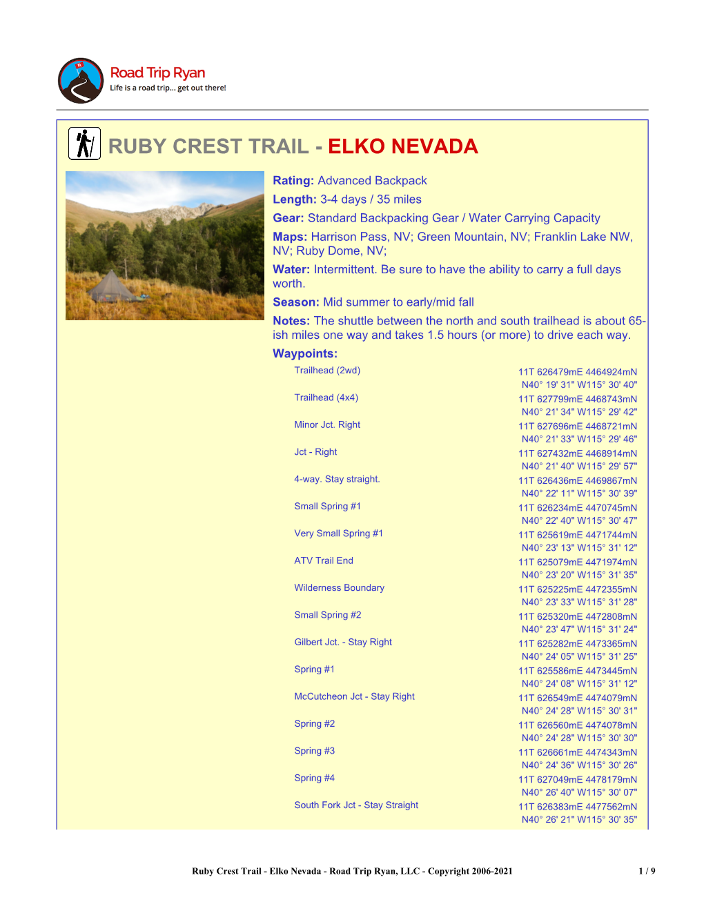 Ruby Crest Trail - Elko Nevada