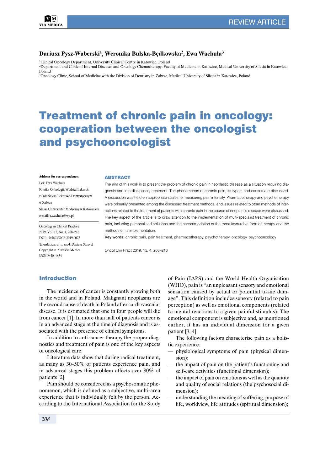 Treatment of Chronic Pain in Oncology: Cooperation Between the Oncologist and Psychooncologist
