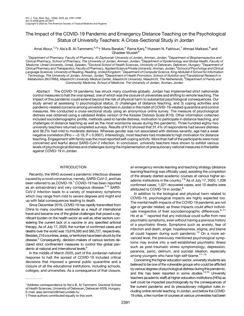 The Impact of the COVID-19 Pandemic and Emergency Distance Teaching on the Psychological Status of University Teachers: a Cross-Sectional Study in Jordan