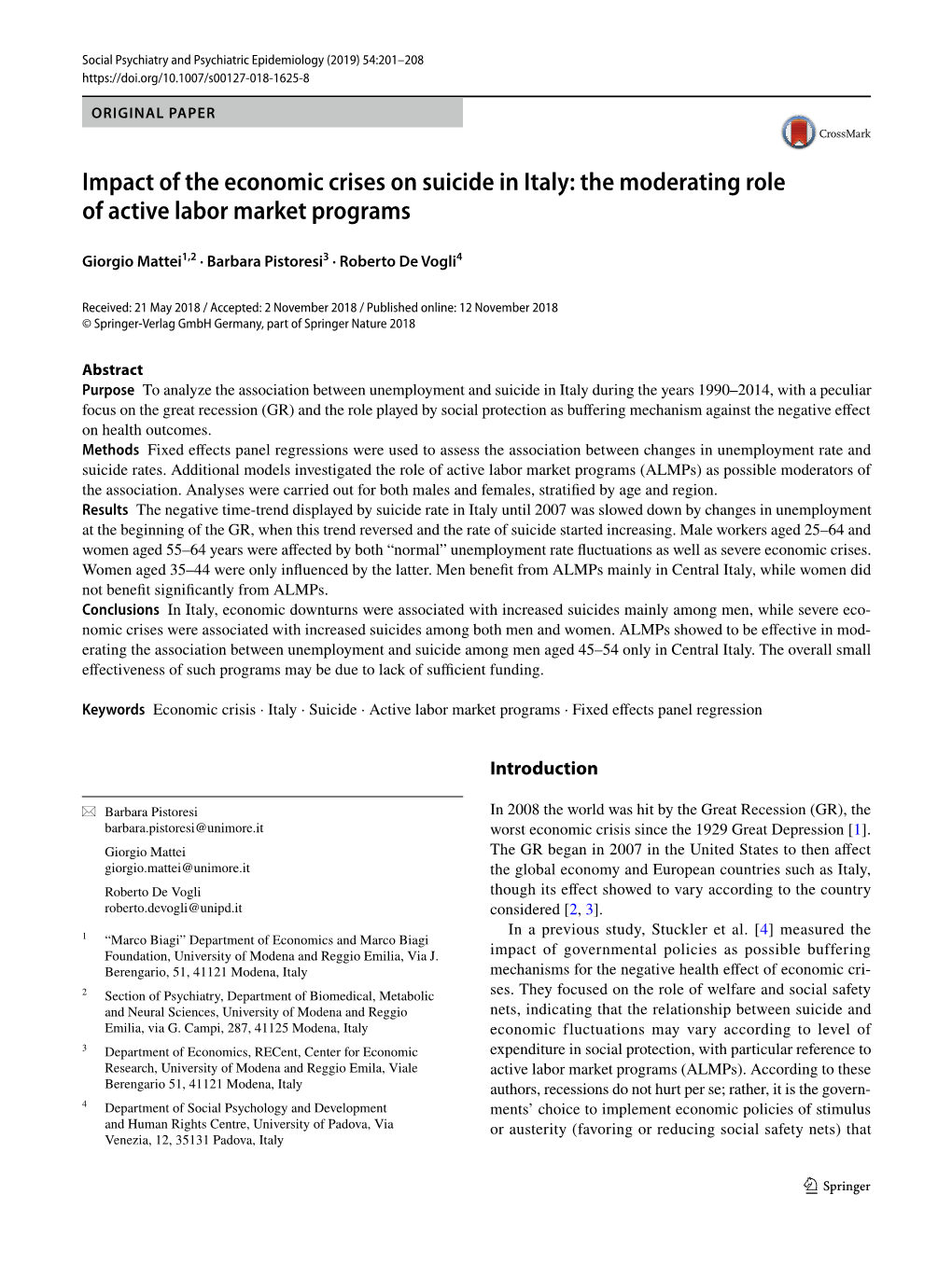 Impact of the Economic Crises on Suicide in Italy: the Moderating Role of Active Labor Market Programs