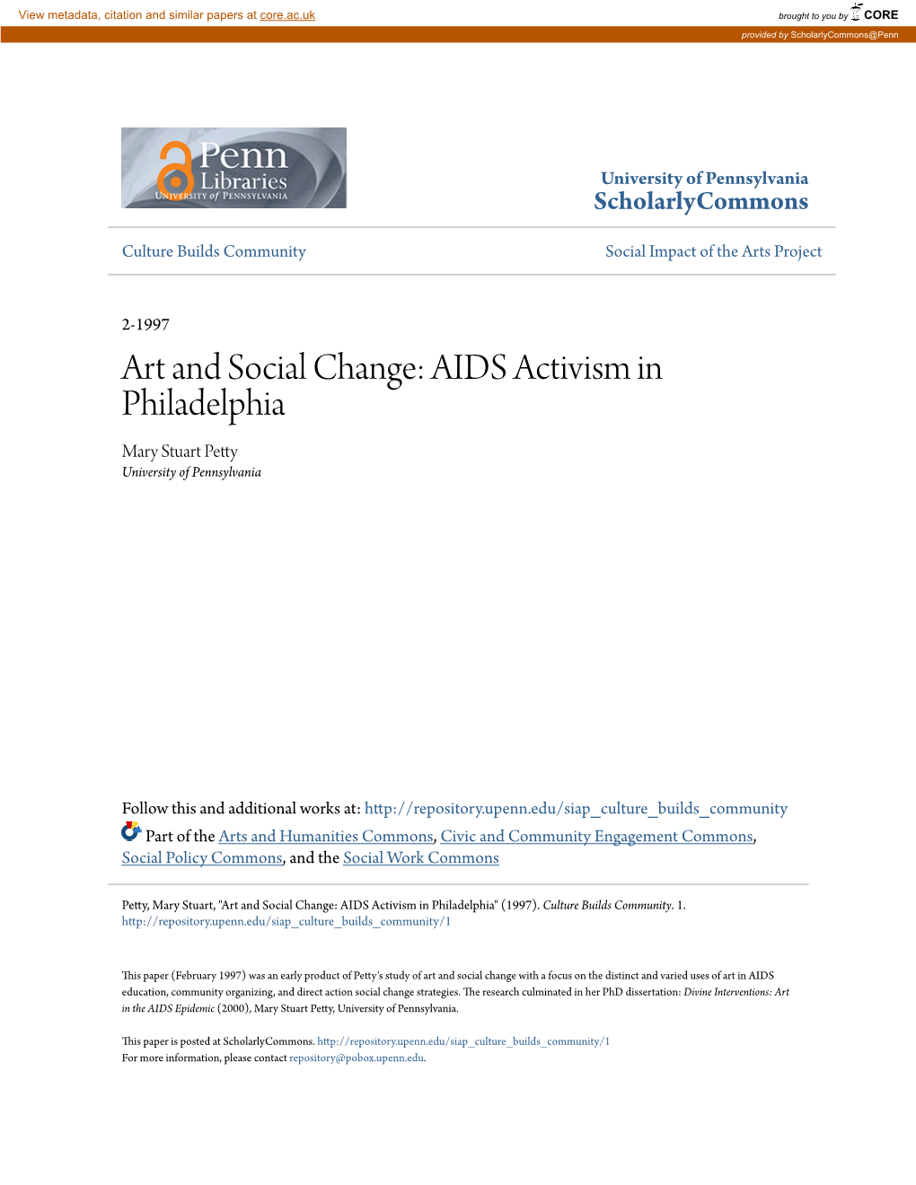 Art and Social Change: AIDS Activism in Philadelphia Mary Stuart Petty University of Pennsylvania
