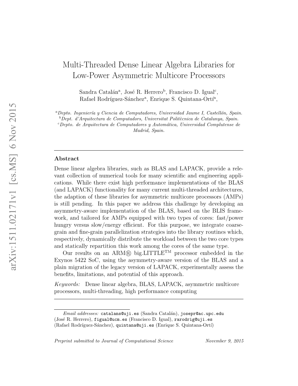 Multi-Threaded Dense Linear Algebra Libraries for Low-Power Asymmetric Multicore Processors