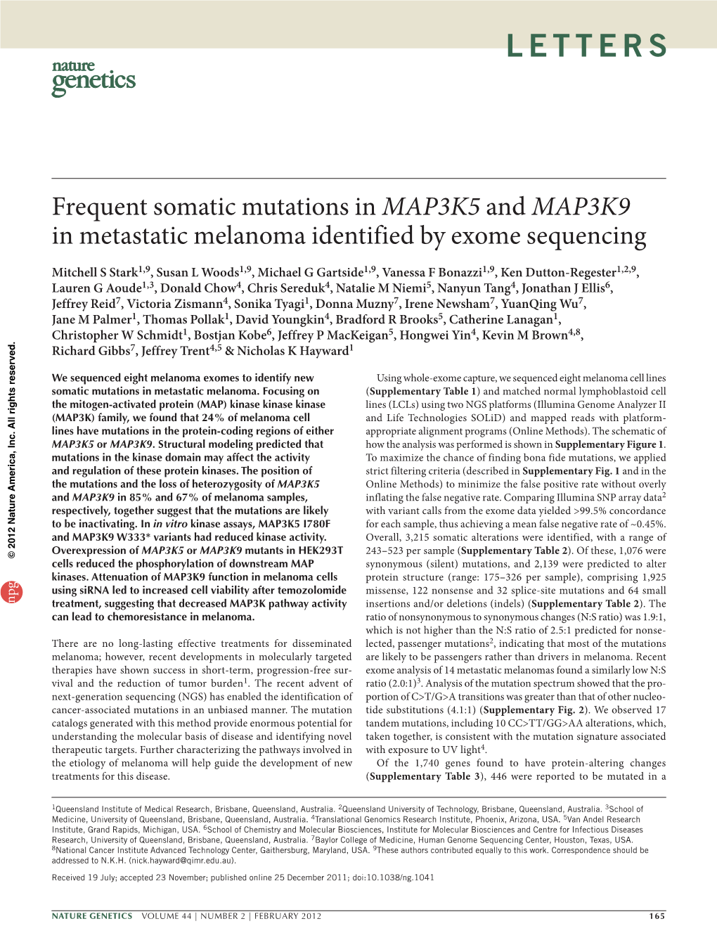 Frequent Somatic Mutations in MAP3K5 and MAP3K9 in Metastatic Melanoma Identified by Exome Sequencing