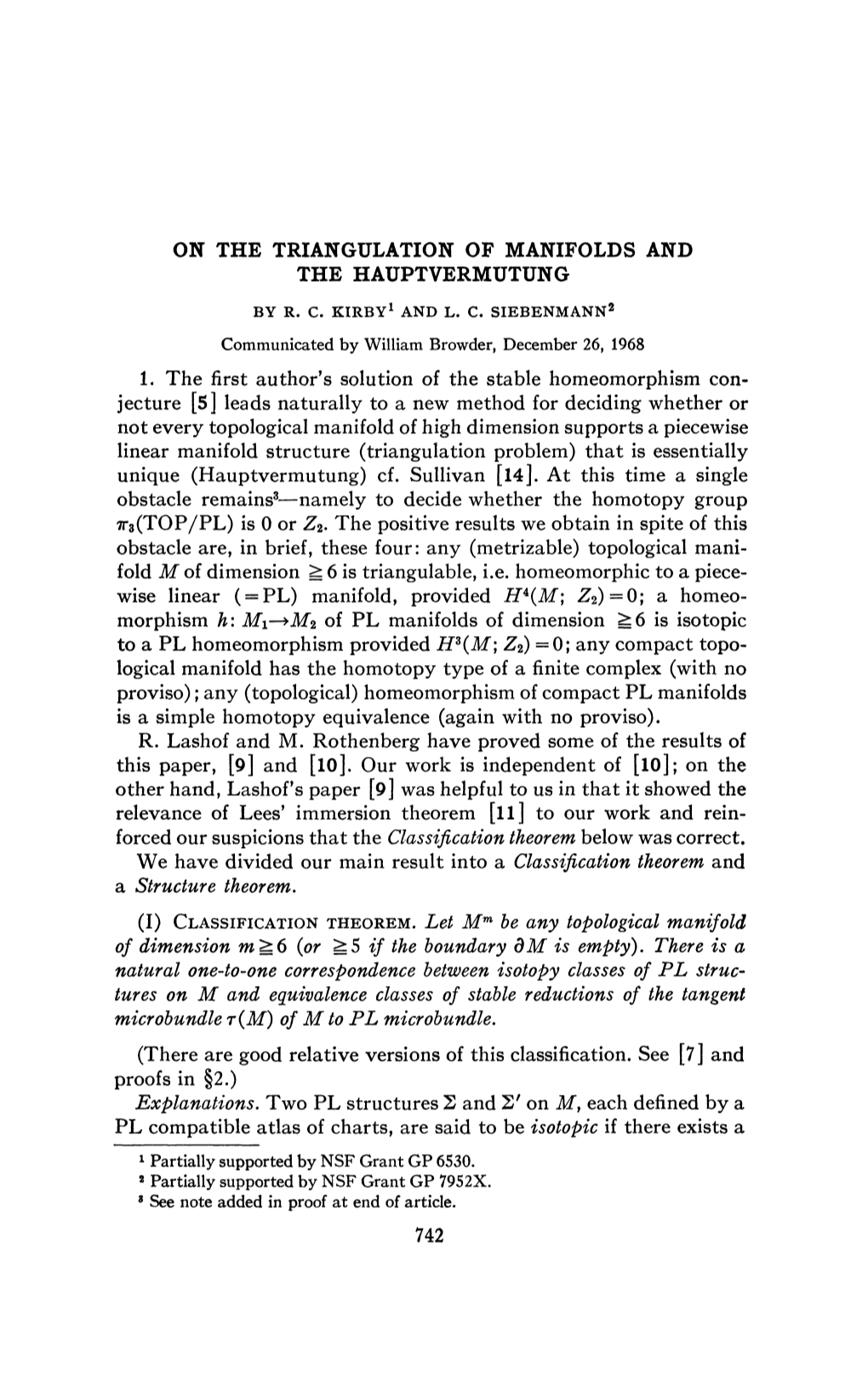 ON the TRIANGULATION of MANIFOLDS and the HAUPTVERMUTUNG 1. the First Author's Solution of the Stable Homeomorphism Con- Jecture