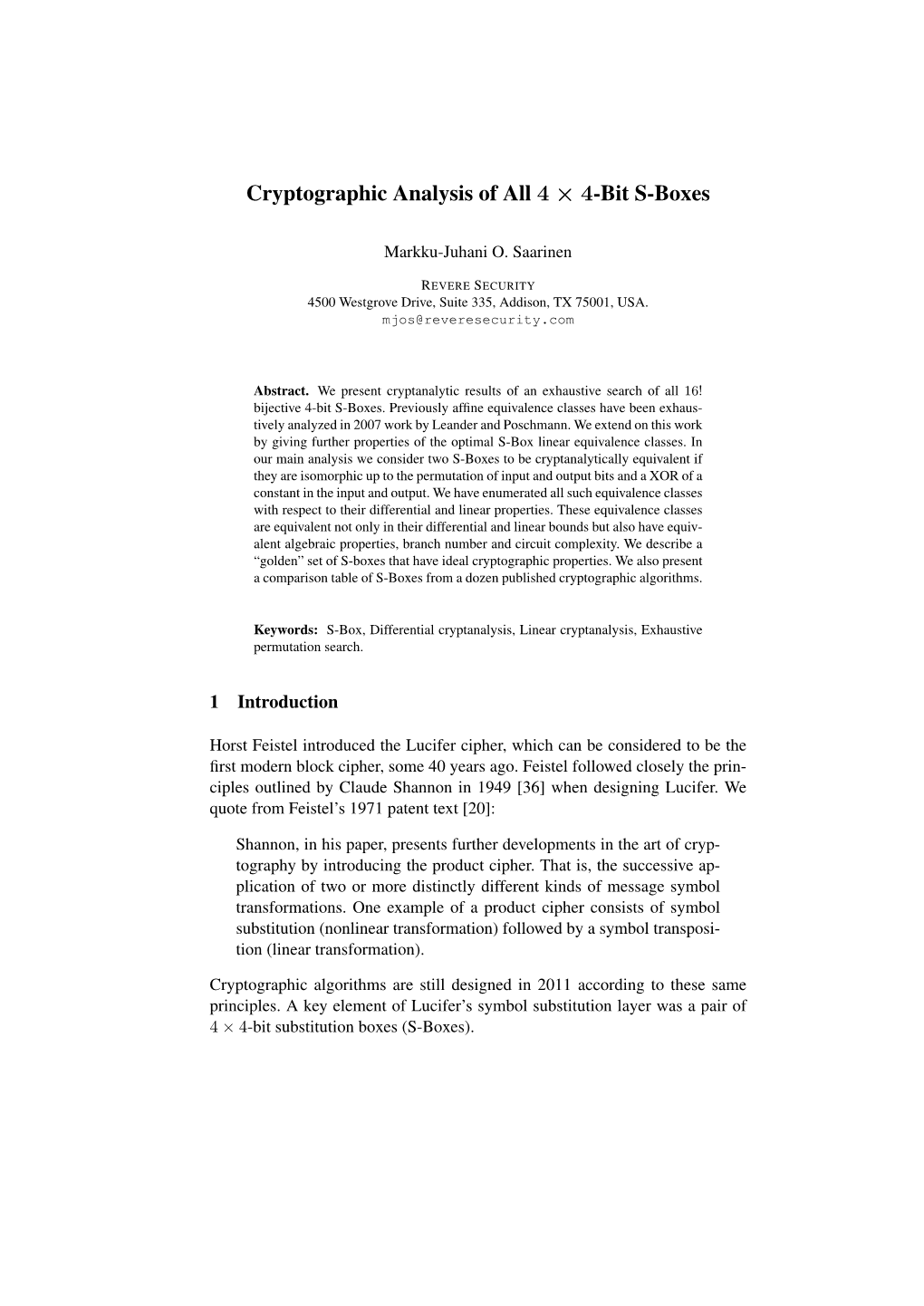 Cryptographic Analysis of All 4 × 4-Bit S-Boxes