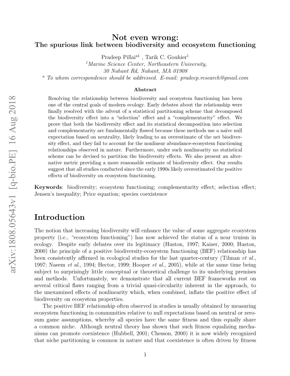 Arxiv:1808.05643V1 [Q-Bio.PE] 16 Aug 2018 Subject to Surprisingly Little Conceptual Or Theoretical Challenge to Its Underlying Premises and Methods