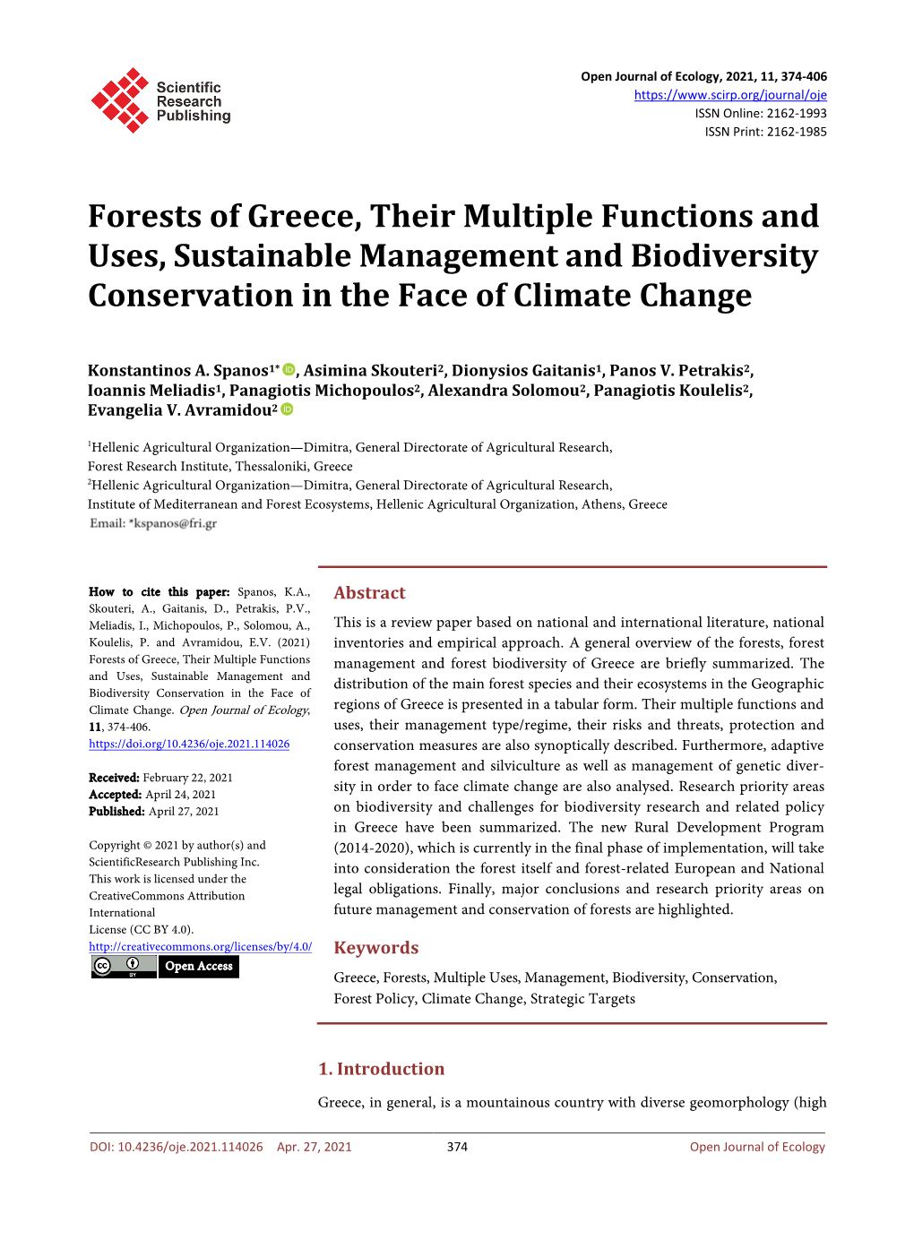 Forests of Greece, Their Multiple Functions and Uses, Sustainable Management and Biodiversity Conservation in the Face of Climate Change