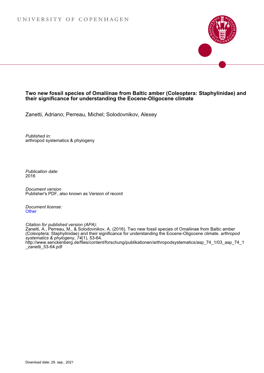 Coleoptera: Staphylinidae) and Their Significance for Understanding the Eocene-Oligocene Climate