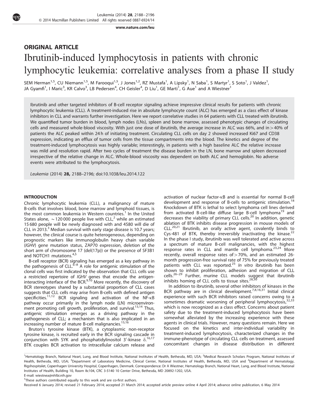 Ibrutinib-Induced Lymphocytosis in Patients with Chronic Lymphocytic Leukemia: Correlative Analyses from a Phase II Study