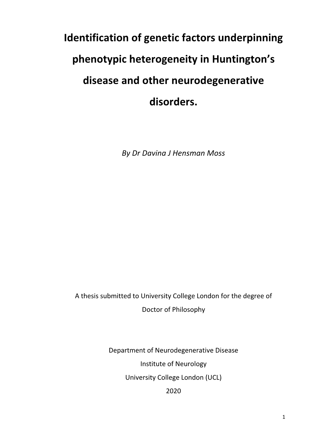 Identification of Genetic Factors Underpinning Phenotypic Heterogeneity in Huntington’S Disease and Other Neurodegenerative Disorders