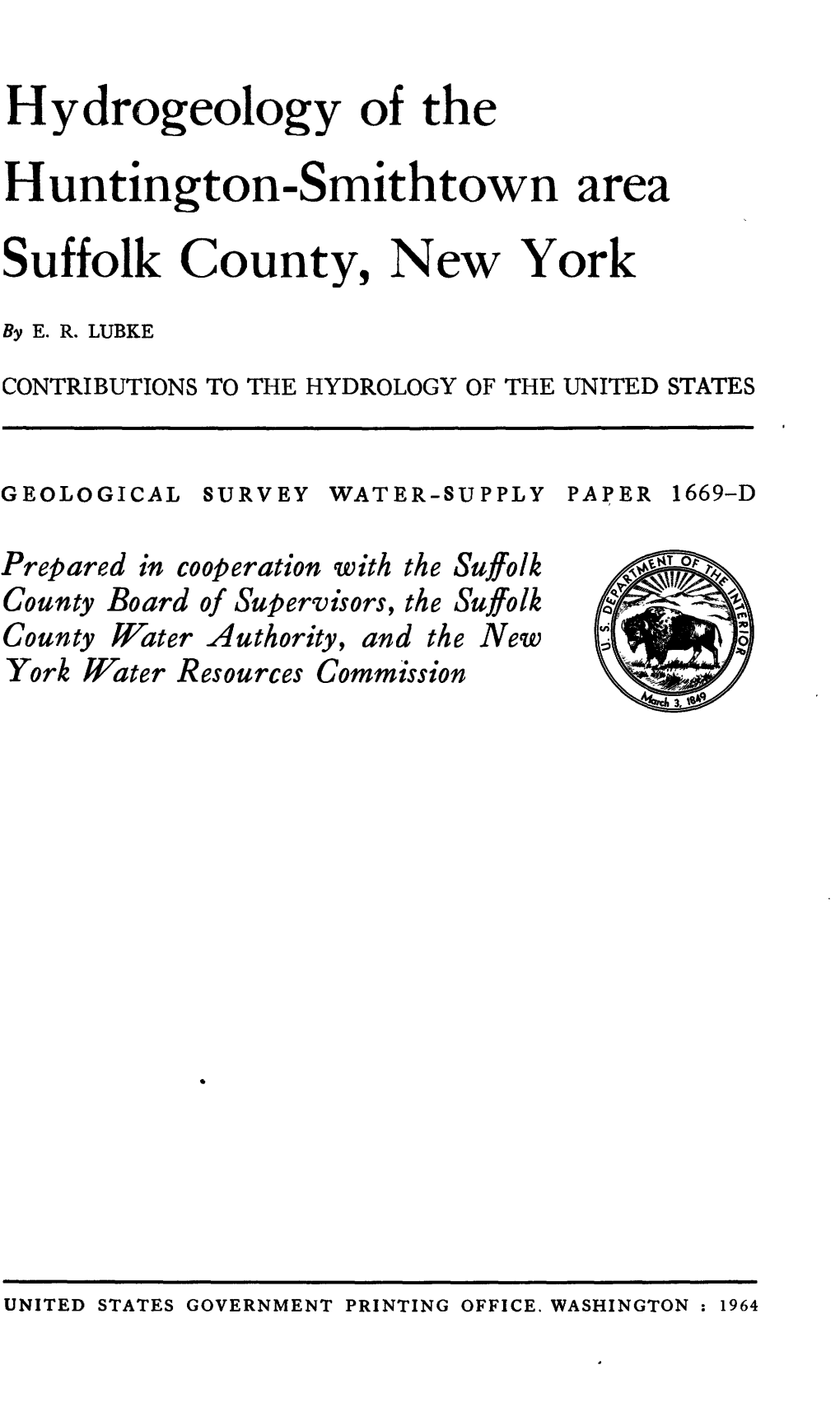 Hydrogeology of the Huntington-Smithtown Area Suffolk County, New York