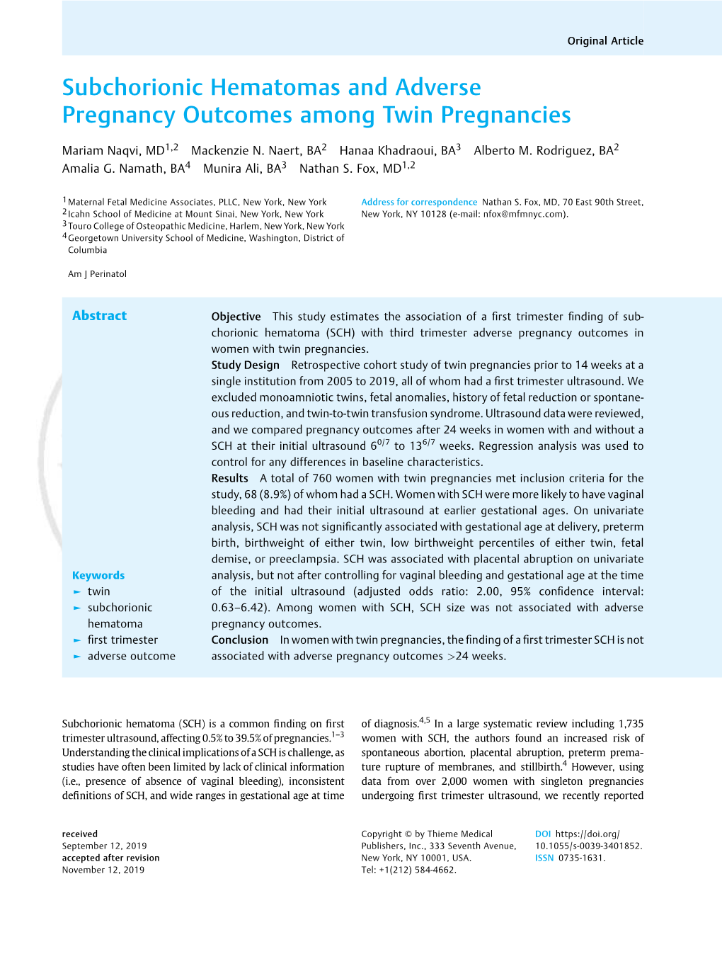 Subchorionic Hematomas and Adverse Pregnancy Outcomes Among Twin Pregnancies