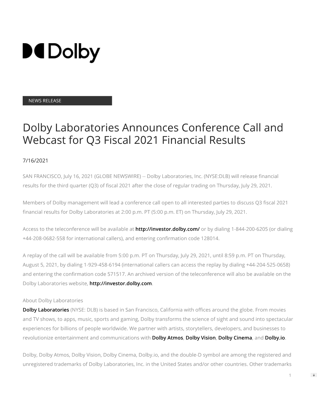 Dolby Laboratories Announces Conference Call and Webcast for Q3 Fiscal 2021 Financial Results