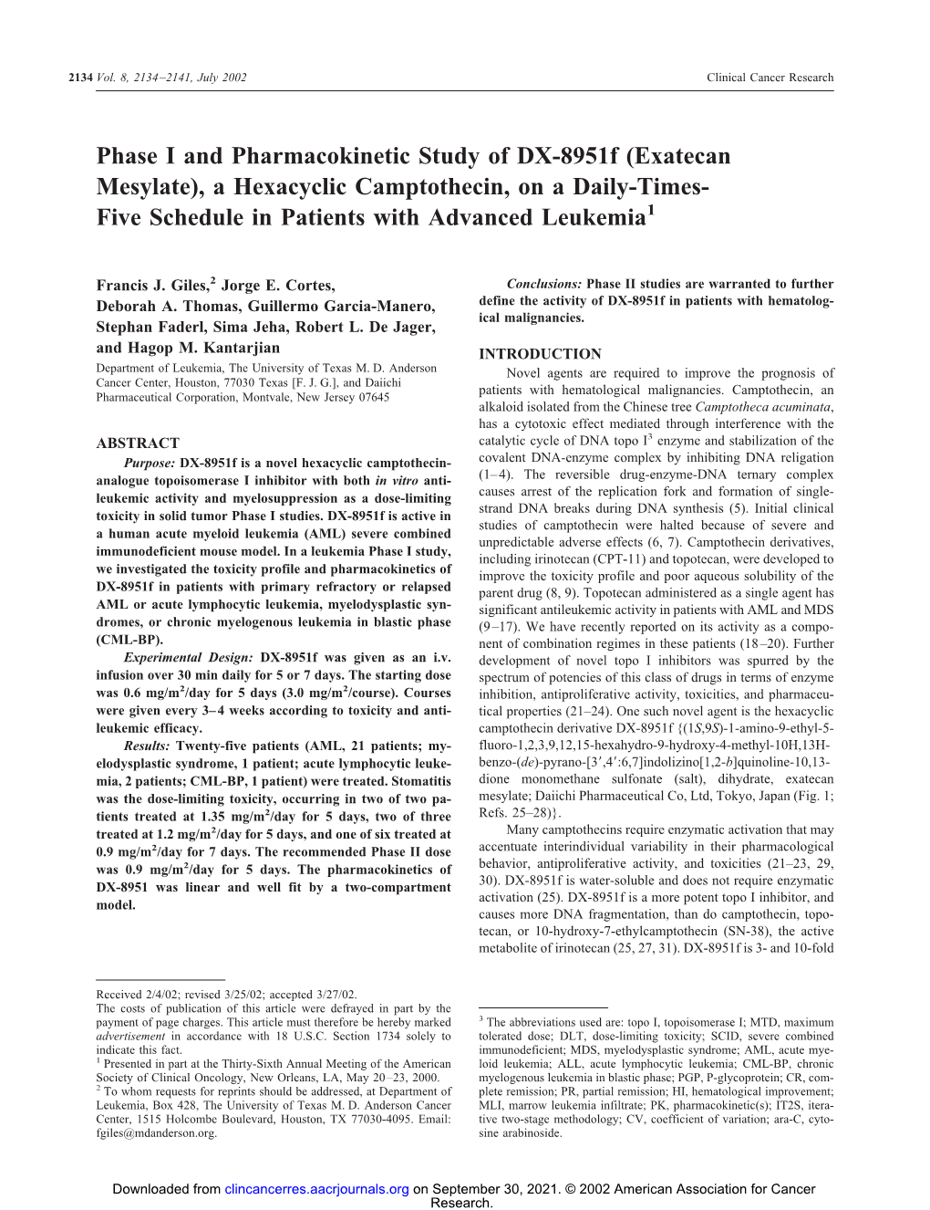 Exatecan Mesylate), a Hexacyclic Camptothecin, on a Daily-Times- Five Schedule in Patients with Advanced Leukemia1