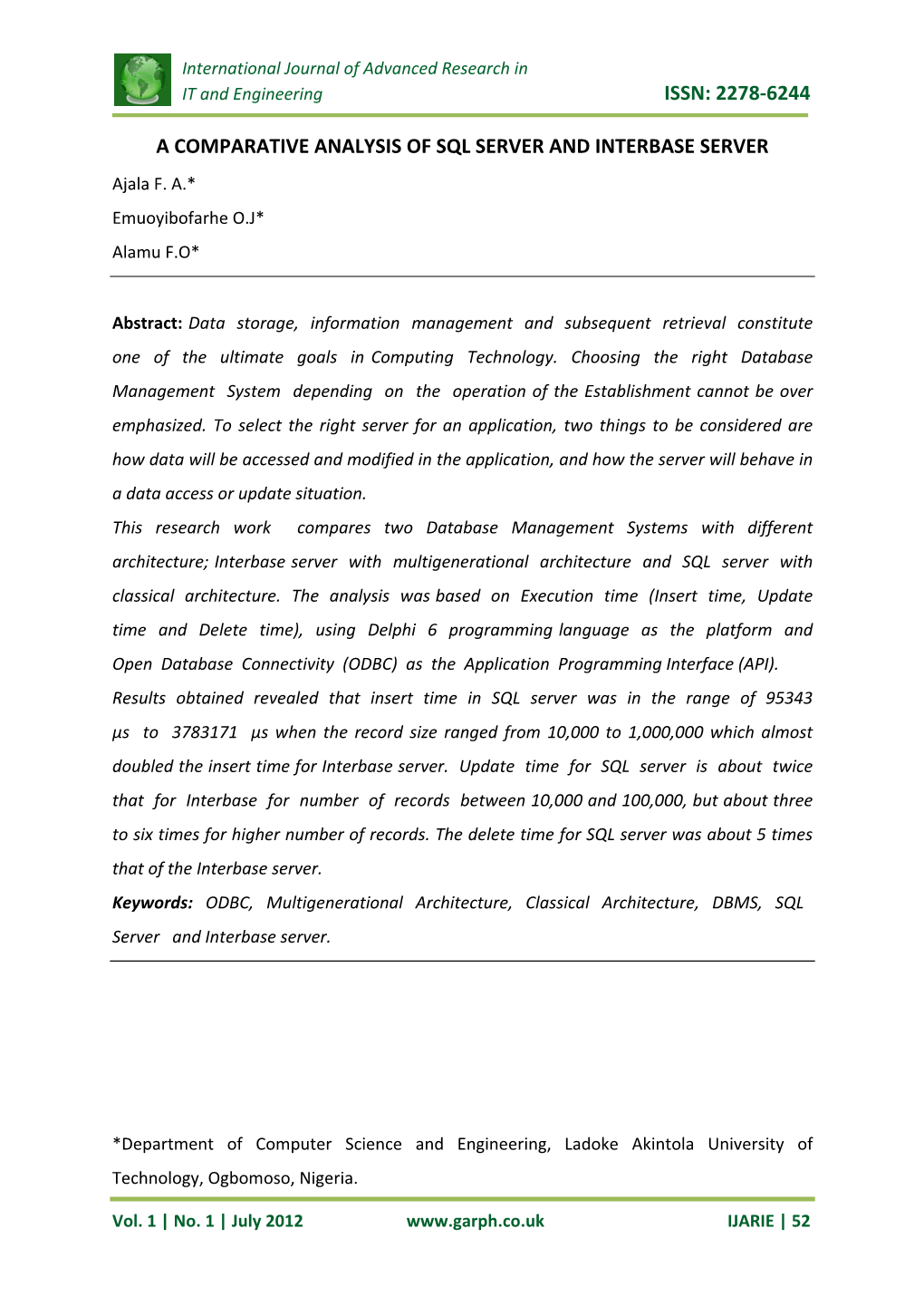 Issn: 2278-6244 a Comparative Analysis of Sql Server And