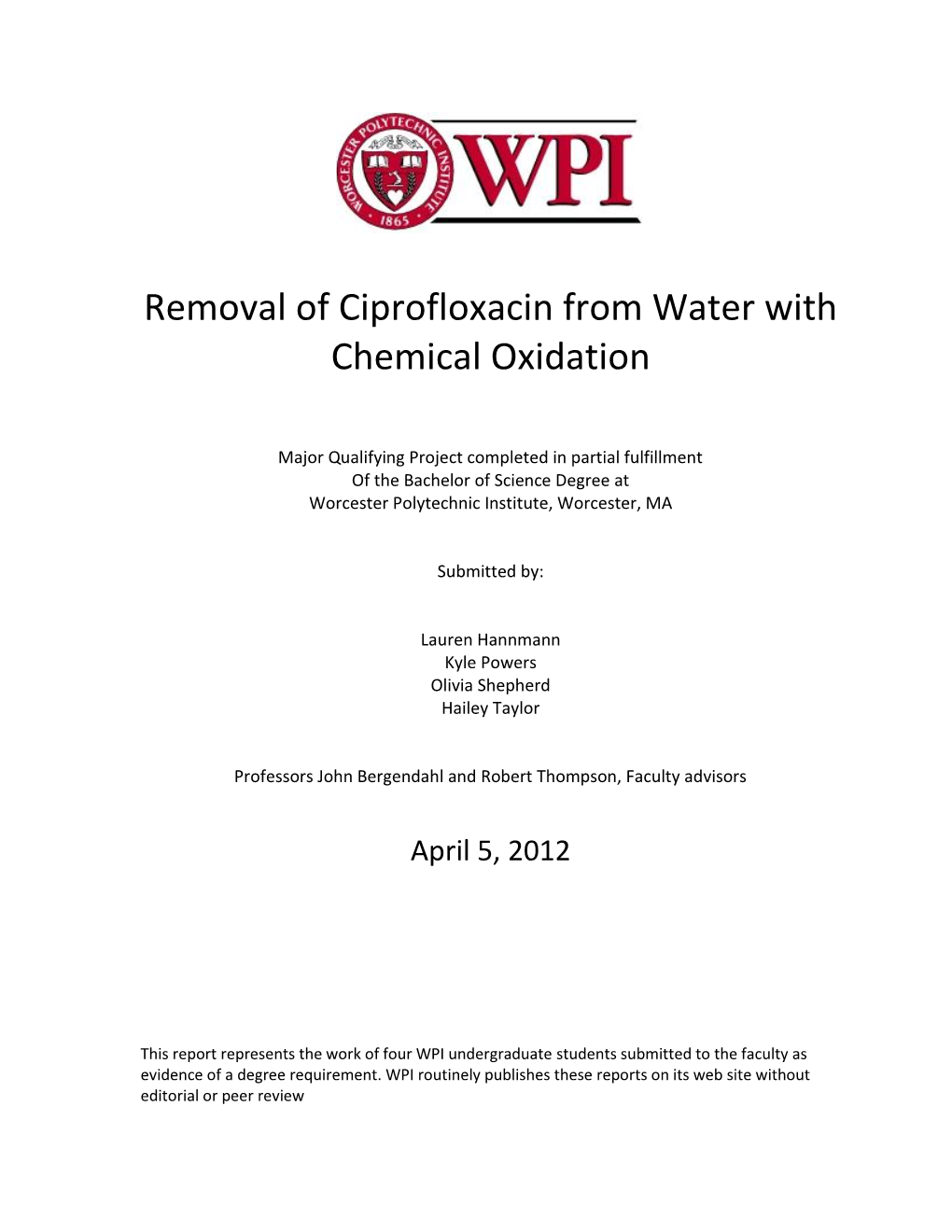 Removal of Ciprofloxacin from Water with Chemical Oxidation