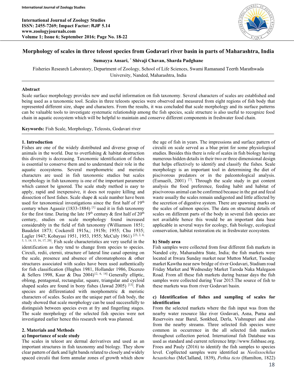 18 Morphology of Scales in Three Teleost Species from Godavari River Basin in Parts of Maharashtra, India