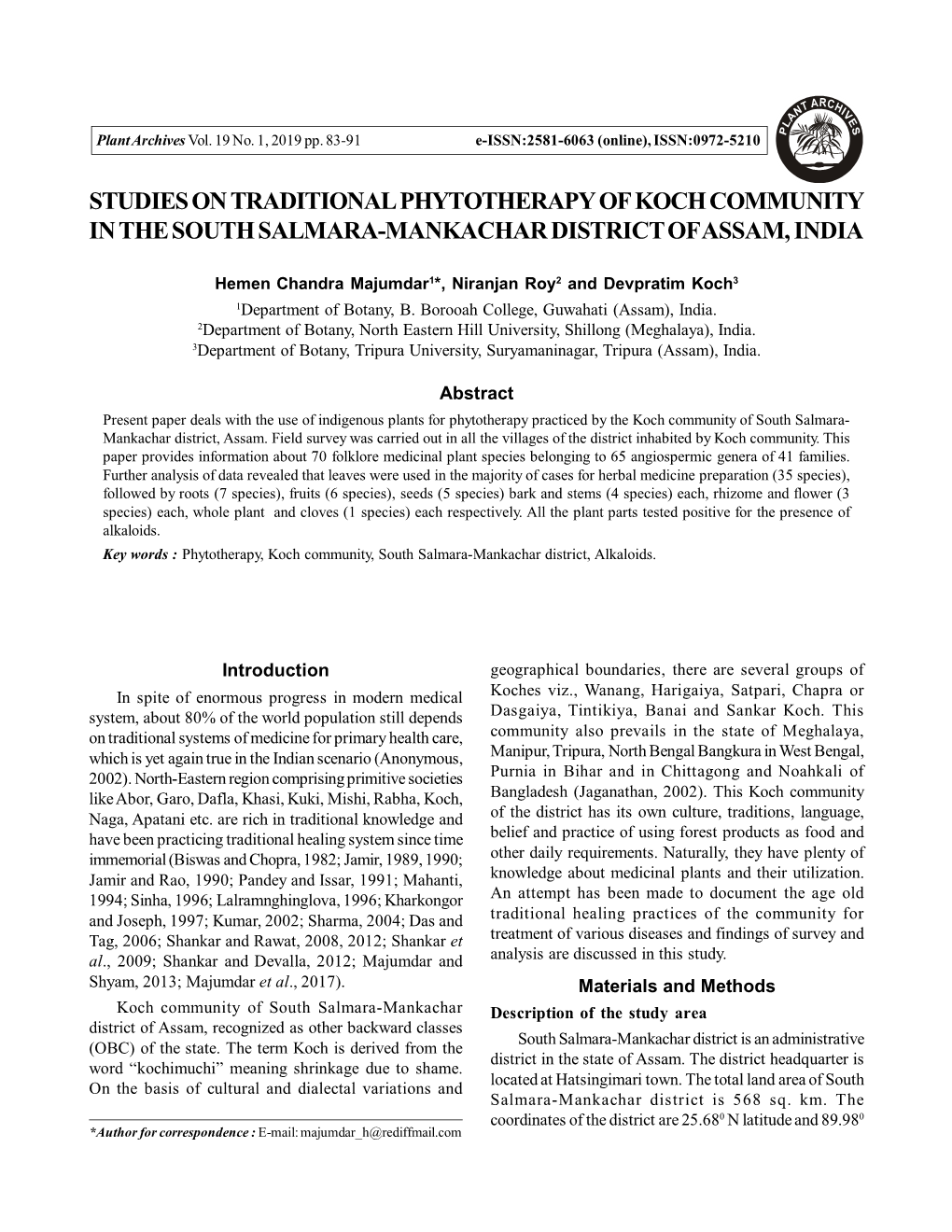 Studies on Traditional Phytotherapy of Koch Community in the South Salmara-Mankachar District of Assam, India