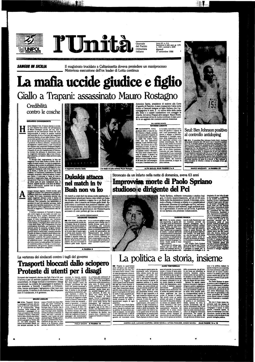 La Mafia Uccìde Giudice E Figli» Giallo a Tyapani: Assassinato Mai» Rostagno