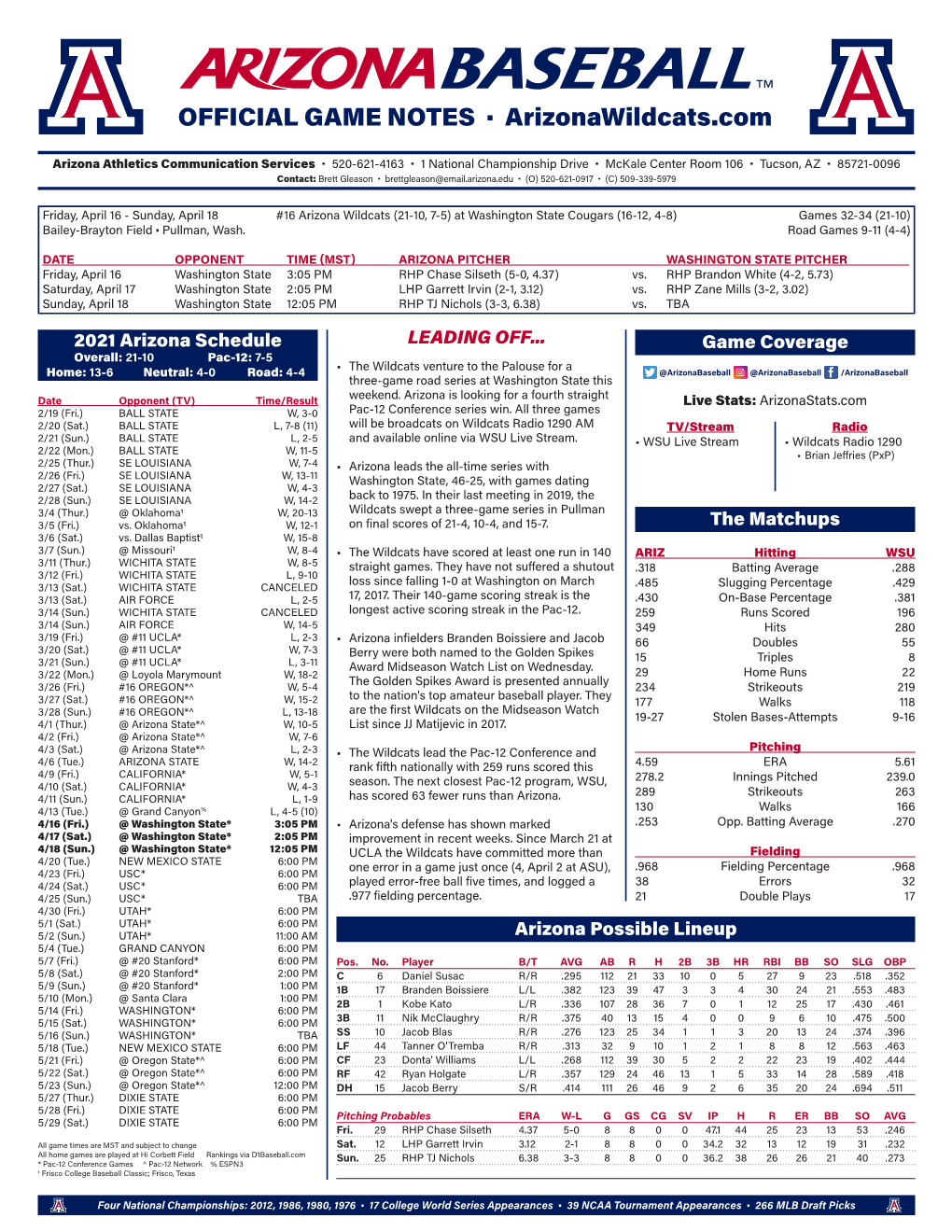 OFFICIAL GAME NOTES · Arizonawildcats.Com