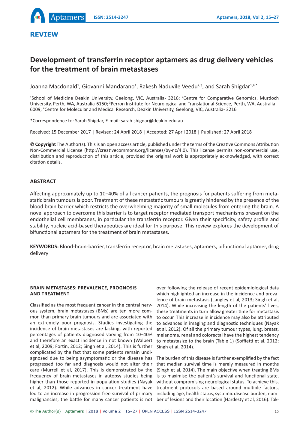 Development of Transferrin Receptor Aptamers As Drug Delivery Vehicles for the Treatment of Brain Metastases