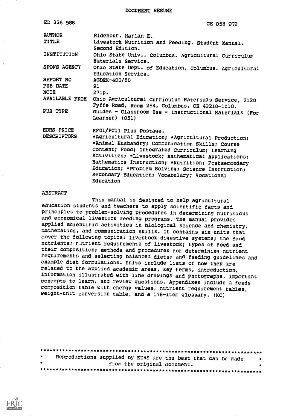 Livestock Nutrition and Feeding. Student Manual