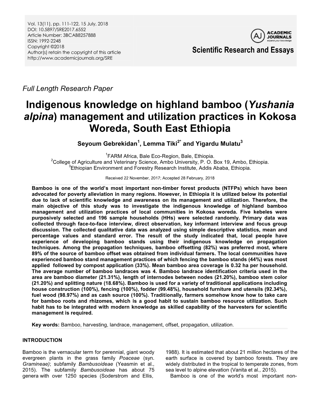 Indigenous Knowledge on Highland Bamboo (Yushania Alpina) Management and Utilization Practices in Kokosa Woreda, South East Ethiopia